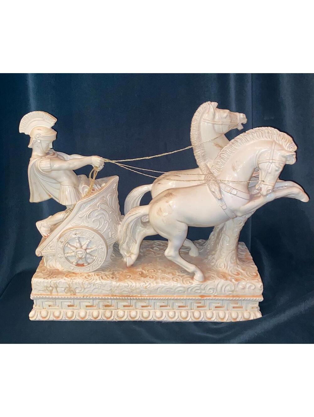 Large Roman Chariot Sculpture 19” Grand Tour Style Alabaster Composite Statue